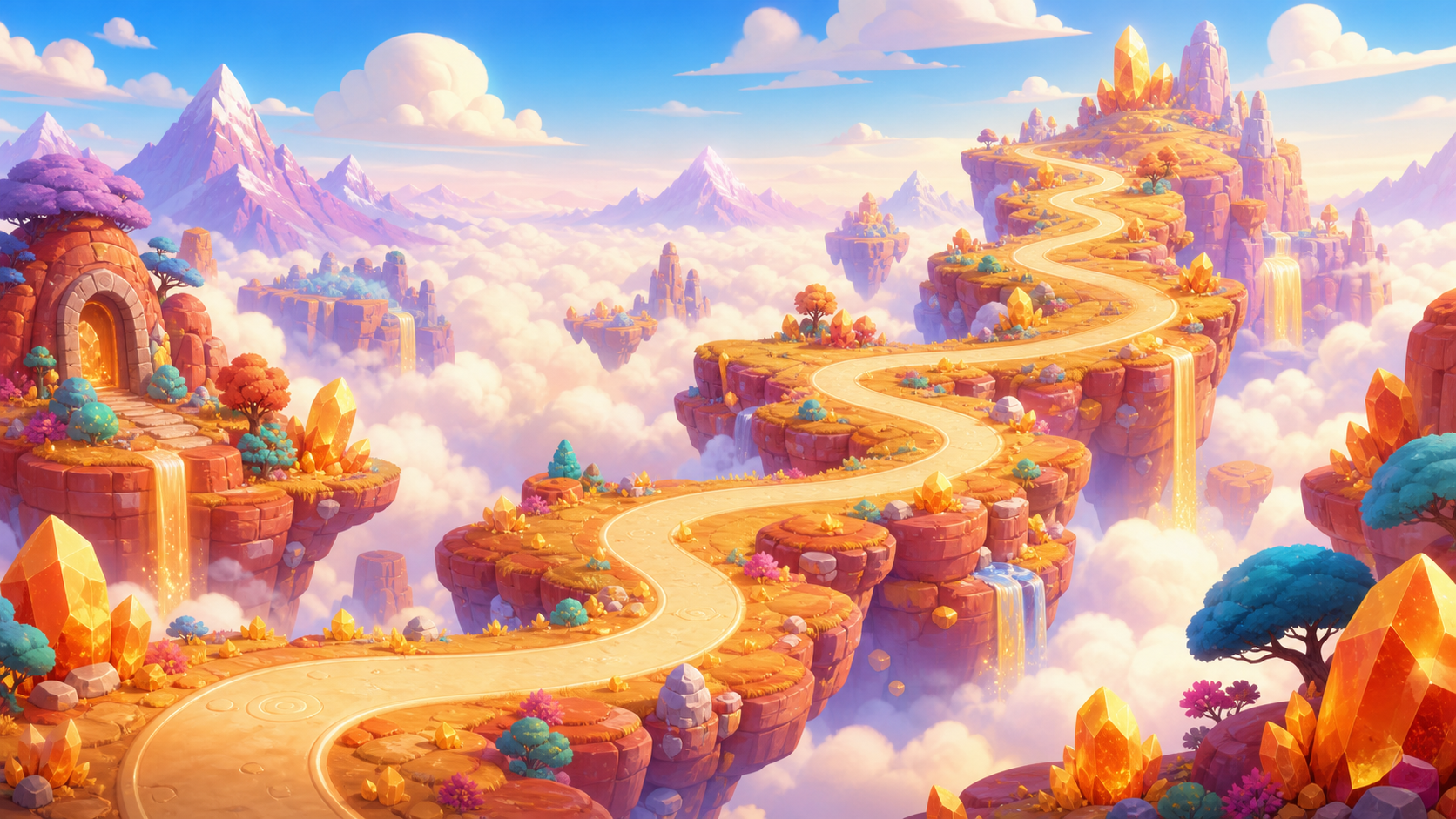 A golden road winding across colorful floating islands toward Emberhart